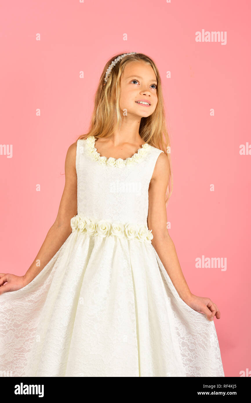 Little girl in fashionable dress prom. little girl or kid in white wedding dress Stock Photo Alamy