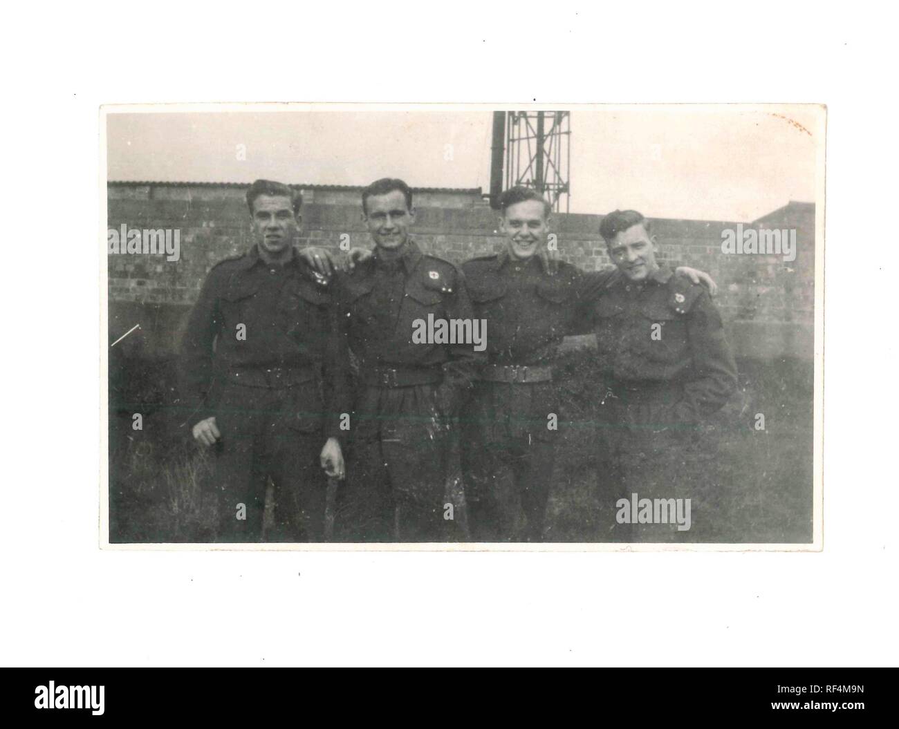Vintage black and white photo of R.E.M.E military men in uniform at Osmaston Barracks, Derby, UK 1943 No .I.T.T.C. Stock Photo