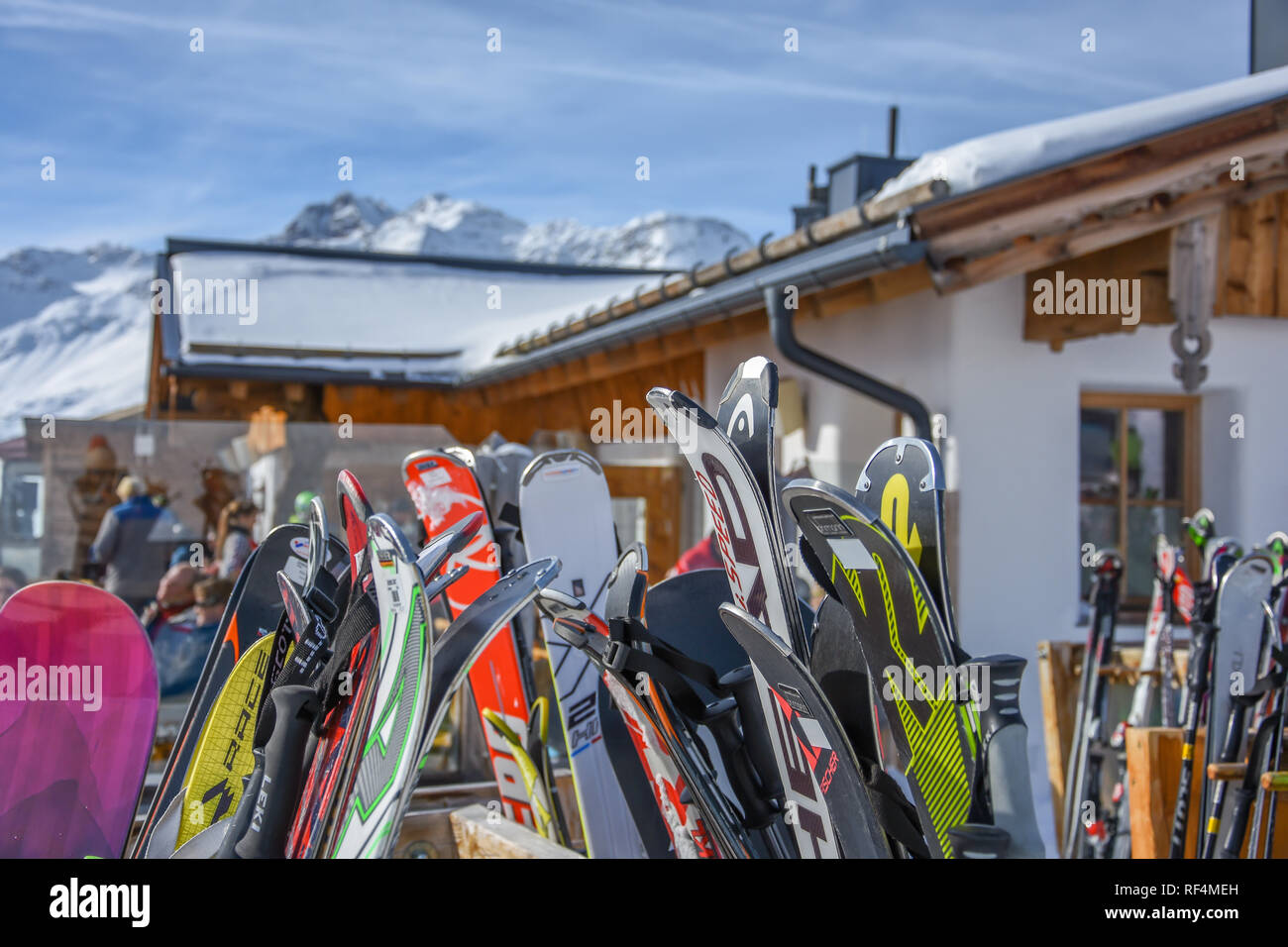 HOHE MUT ALM, OBERGURGL: February 20, Lots of snow ski in the restorant in the top mountain on February 20, 2017 in Obergurgl, Austria Stock Photo