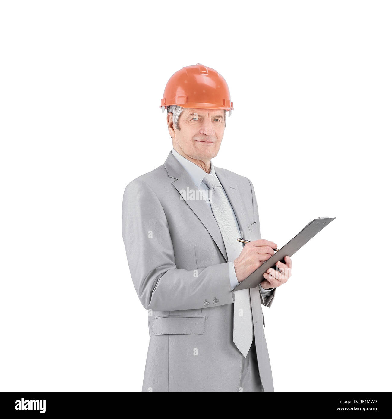 dreaming senior engineer . isolated on white background Stock Photo