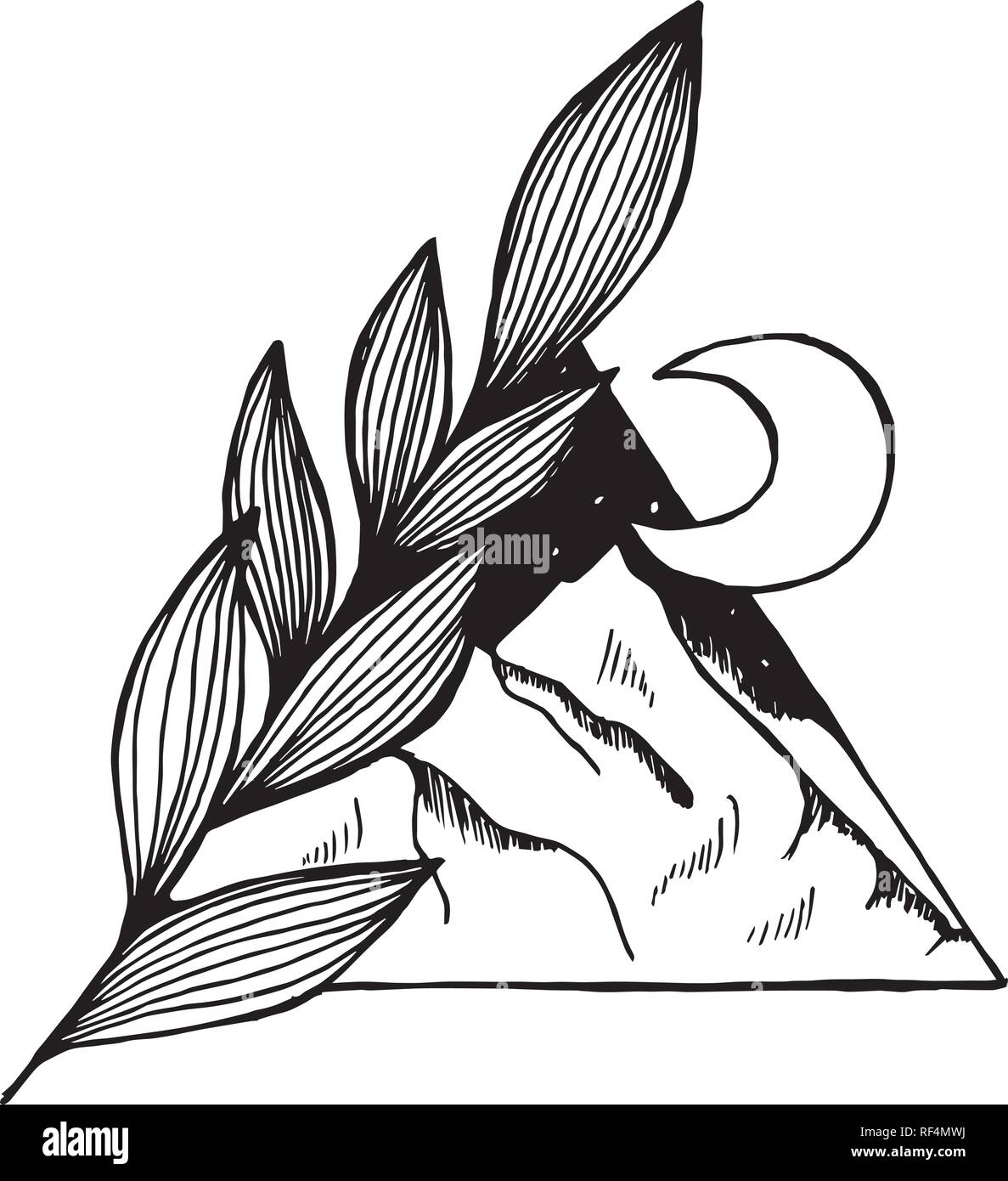 Pattern with space and mountains inscribed in a triangle and a branch that goes beyond the triangle. Tattoo idea. Stock Vector