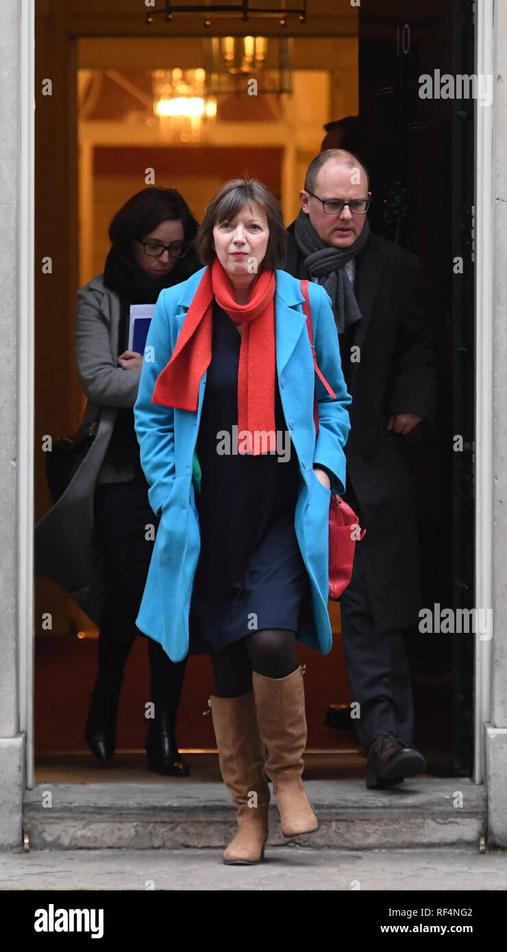 The TUC's Frances O'Grady exits number 10 Downing Streetl, London, following talks with the Government over Brexit. Stock Photo