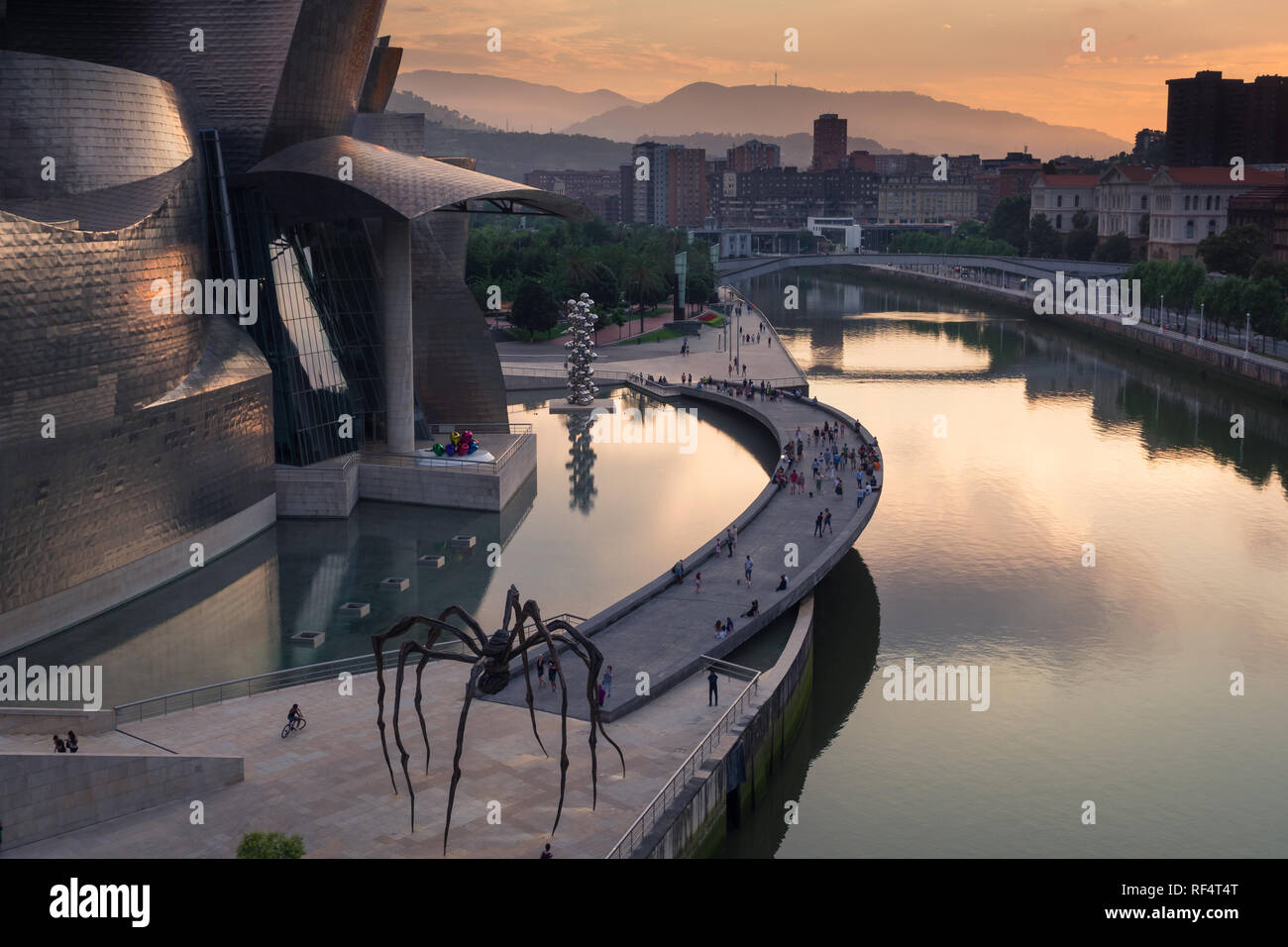 Bilbao, Spain - July  08, 2018- sunset view of modern and contemporary art Guggenheim Museum, designed by American architect Frank Gehry and inaugurat Stock Photo