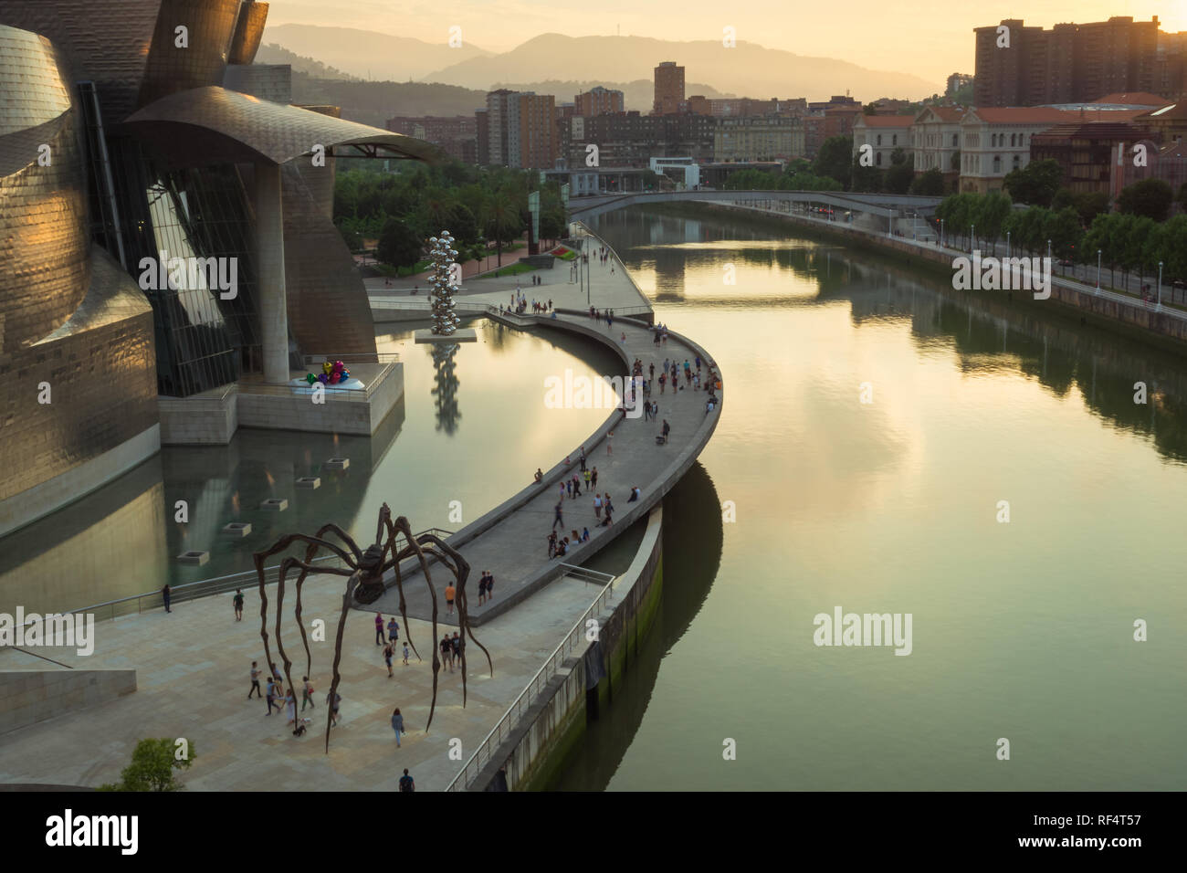 Bilbao, Spain - July  08, 2018- sunset view of modern and contemporary art Guggenheim Museum, designed by American architect Frank Gehry and inaugurat Stock Photo