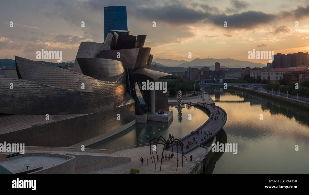 Bilbao, Spain - July  08, 2018- sunset view of modern and contemporary art Guggenheim Museum, designed by American architect Frank Gehry and inaugurat Stock Photo
