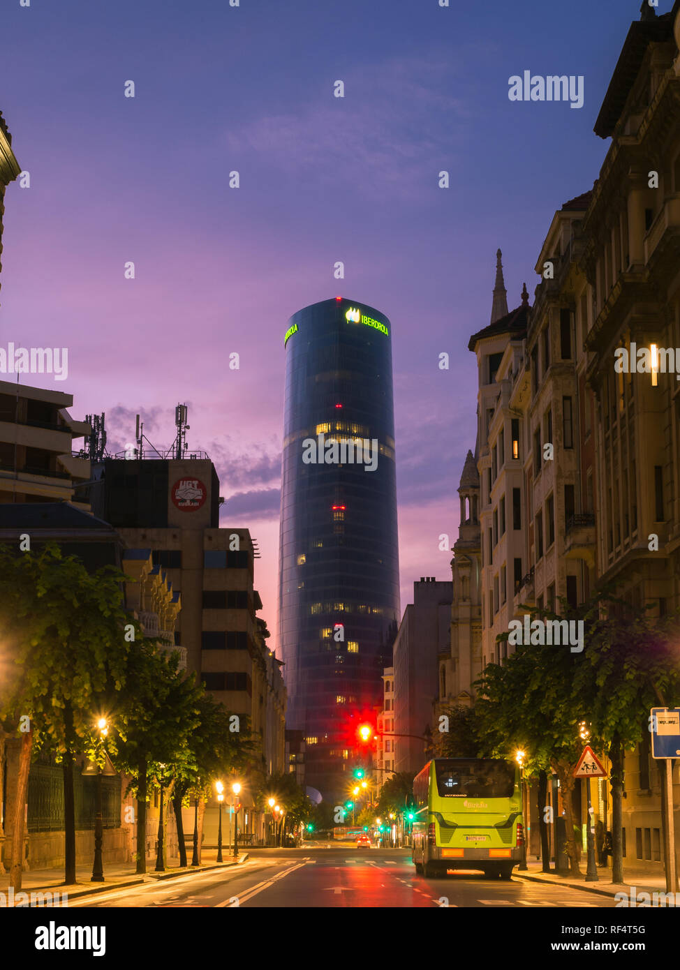 BILBAO, SPAIN - JUlY 08: Iberdrola Tower at sunset in Bilbao, Spain on July 08, 2018. The 165m tower was inaugurated in 2012 and is the highest buildi Stock Photo