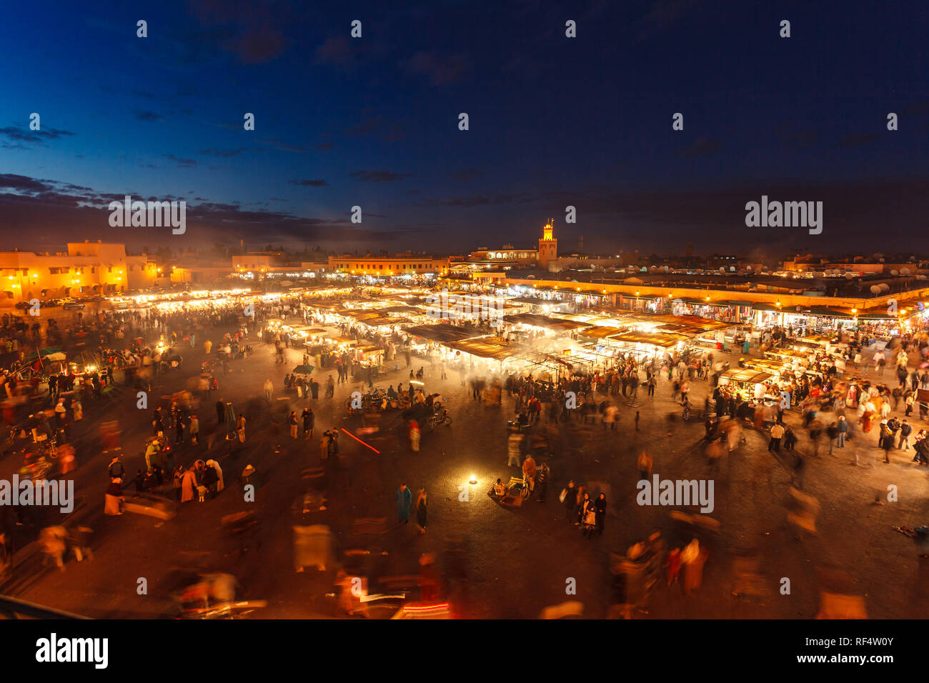 Marrakesh market illuminated at night viewed from above Stock Photo