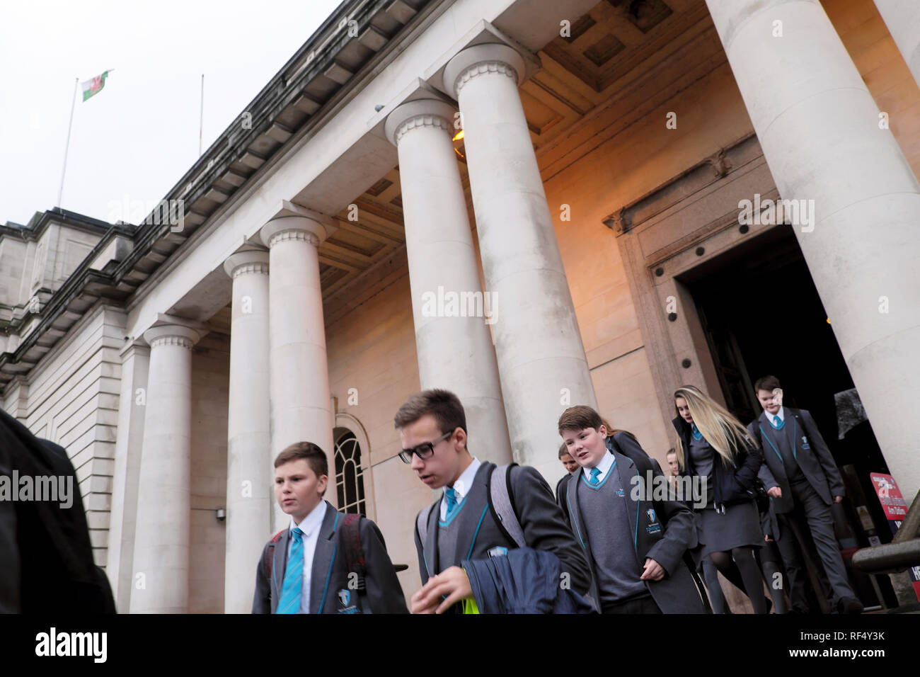 Students in uniform outside the National Museum of Wales in Cardiff City Centre, Great Britain  KATHY DEWITT Stock Photo