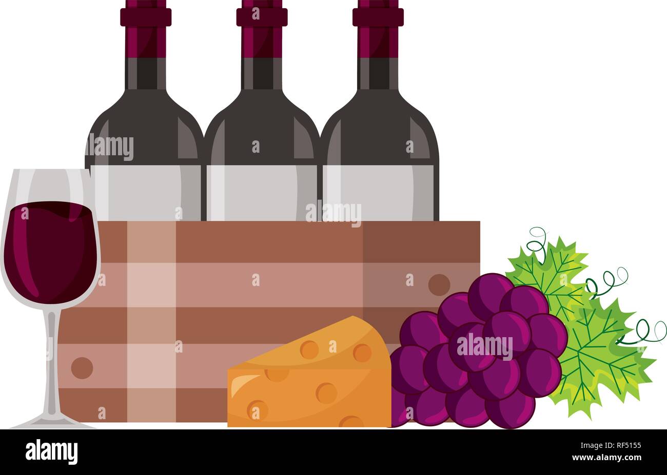 wine bottle on basket grapes cheese and glass cup Stock Vector Image