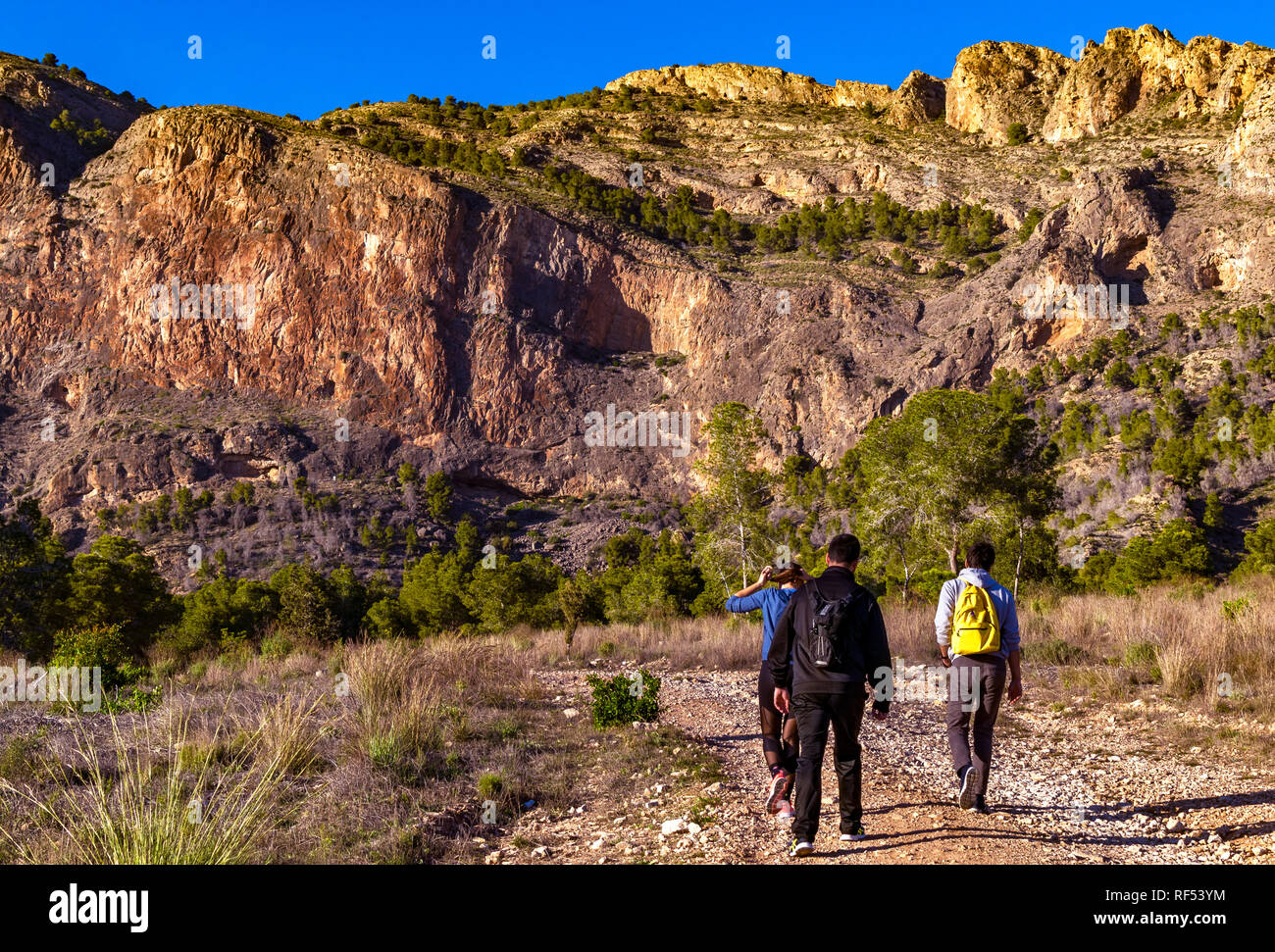Groups of people hiking through landscapes of mountains Stock Photo - Alamy