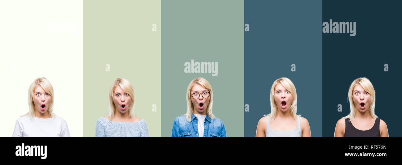 Collage of beautiful blonde woman over green vintage isolated ...