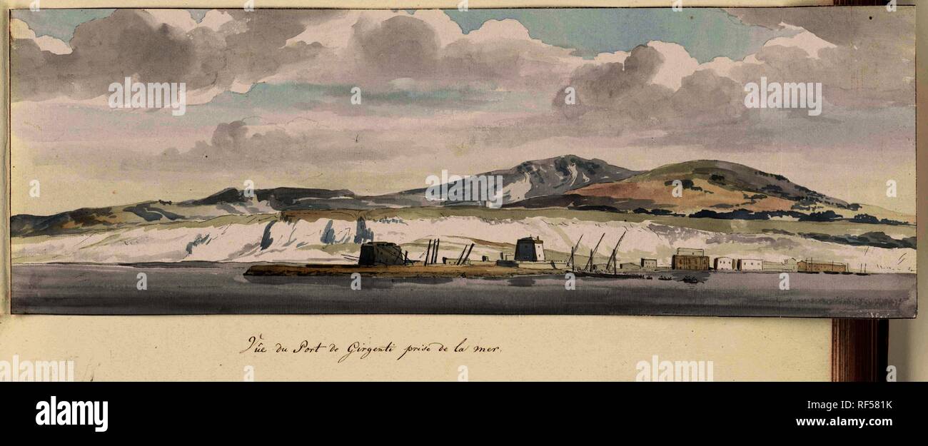 Gezicht op de haven van Agrigento vlakbij de zee. Vue du Port de Girgenti  prise de la mer (title on object). Voyage en Italie, en Sicile et à Malte -  1778 (series