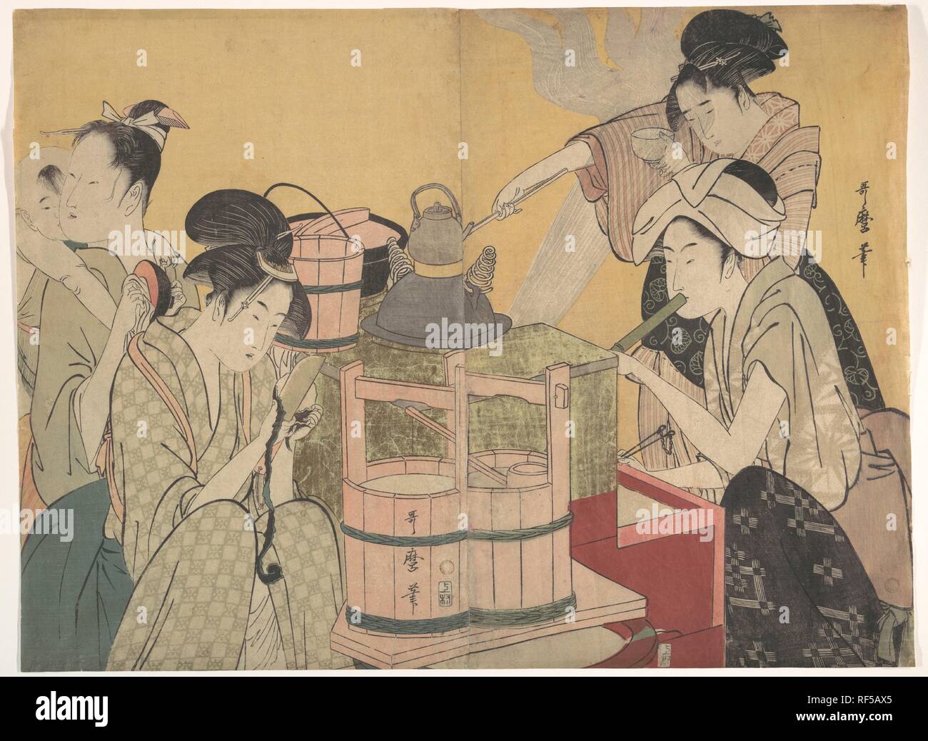 Kitchen Scene. Artist: Kitagawa Utamaro (Japanese, ca. 1754-1806). Culture: Japan. Dimensions: Image (each): 14 5/8 × 9 7/8 in. (37.1 × 25.1 cm)  Image (diptych): 14 5/8 × 19 3/4 in. (37.1 × 50.2 cm)  Framed: 24 1/4 × 30 3/4 in. (61.6 × 78.1 cm). Date: ca. 1794-95. Museum: Metropolitan Museum of Art, New York, USA. Stock Photo