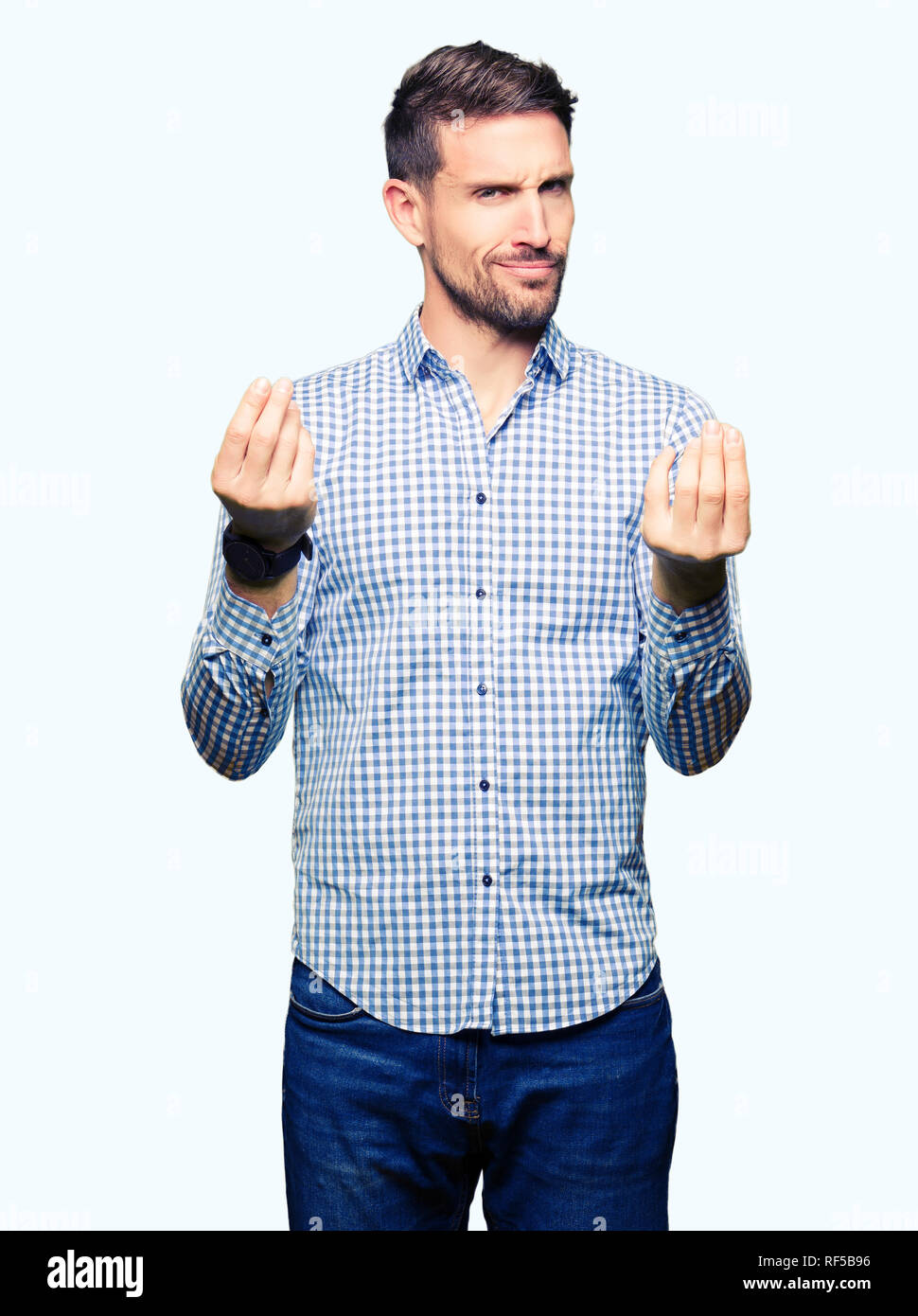 Handsome business man with blue eyes Doing money gesture with hand ...