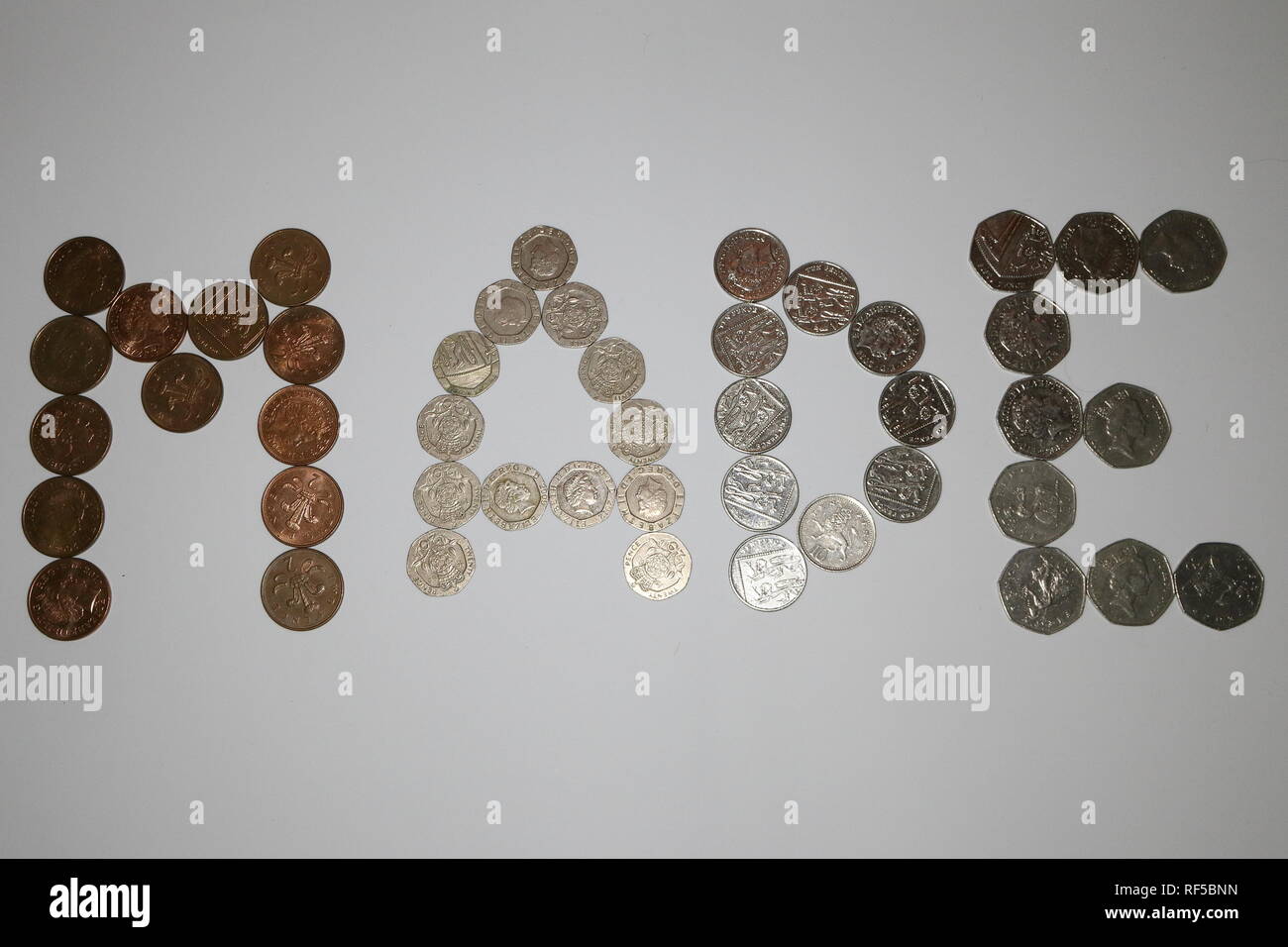 Sterling currency coinage spelling the word MADE (Made of money) Stock Photo