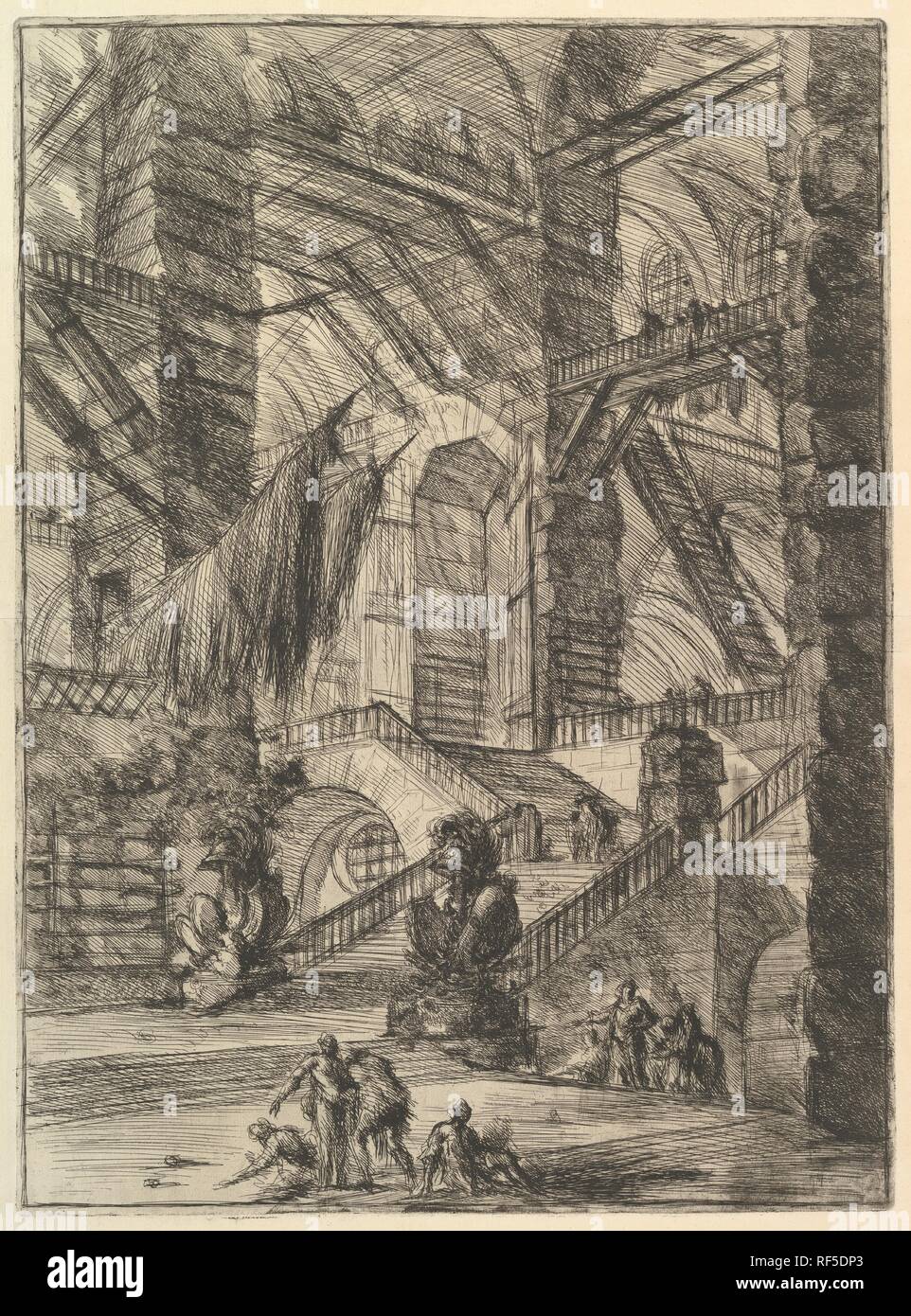 The Staircase with Trophies, from Carceri d'invenzione (Imaginary Prisons). Artist: Giovanni Battista Piranesi (Italian, Mogliano Veneto 1720-1778 Rome). Dimensions: Sheet: 25 x 19 1/2 in. (63.5 x 49.5 cm)  Plate: 21 1/2 x 15 3/4 in. (54.6 x 40 cm). Publisher: Giovanni Bouchard (French, ca. 1716-1795). Series/Portfolio: Carceri d'invenzione. Date: ca. 1749-50. Museum: Metropolitan Museum of Art, New York, USA. Stock Photo