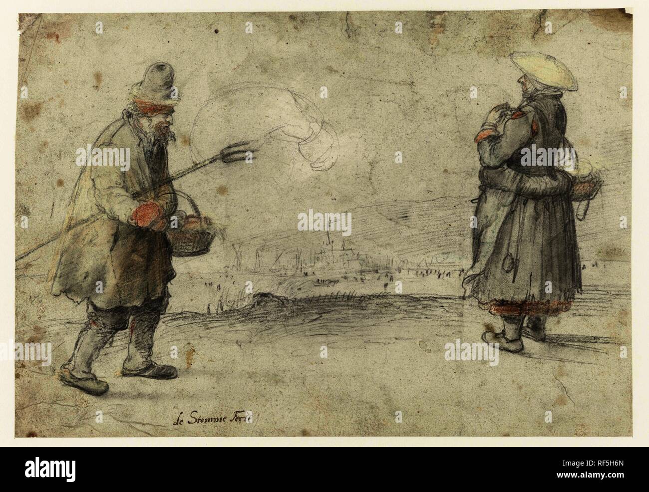 A man and a woman standing on the bank of a frozen river. Draughtsman: Hendrick Avercamp (attributed to). Dating: 1595 - 1634. Measurements: h 189 mm × w 272 mm. Museum: Rijksmuseum, Amsterdam. Stock Photo