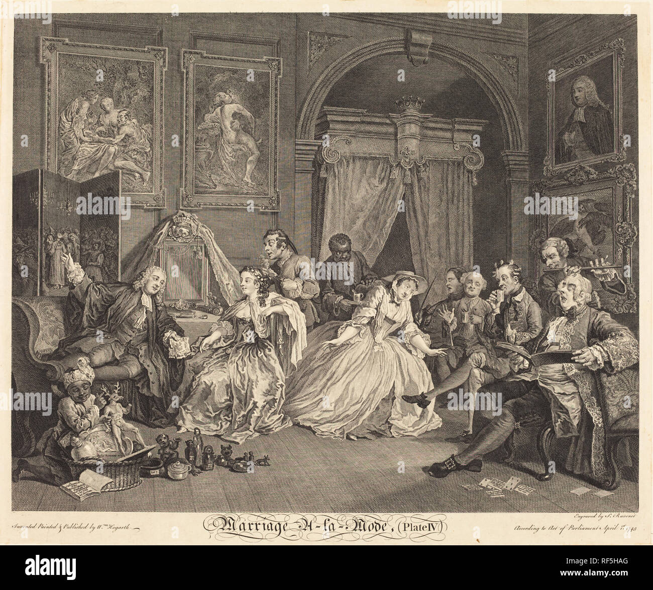 Marriage a la Mode: pl.4. Dated: 1745. Medium: etching and engraving. Museum: National Gallery of Art, Washington DC. Author: Simon Francois Ravenet I after William Hogarth. after William Hogarth. William Hogarth. SIMON FRANCIS RAVENET. Stock Photo