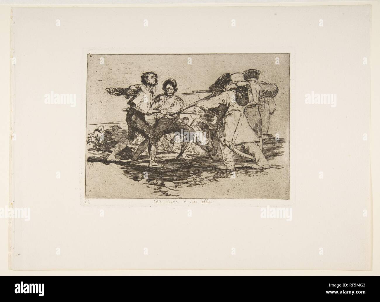 Plate 2 from 'The Disasters of War' (Los Desastres de la Guerra): 'Rightly or wrongly.' (Con razon ó sin ella.). Artist: Goya (Francisco de Goya y Lucientes) (Spanish, Fuendetodos 1746-1828 Bordeaux). Dimensions: Plate: 6 in. × 8 1/16 in. (15.3 × 20.5 cm)  Sheet: 9 15/16 × 13 1/2 in. (25.2 × 34.3 cm). Series/Portfolio: The Disasters of War. Date: 1810 (published 1863). Museum: Metropolitan Museum of Art, New York, USA. Stock Photo