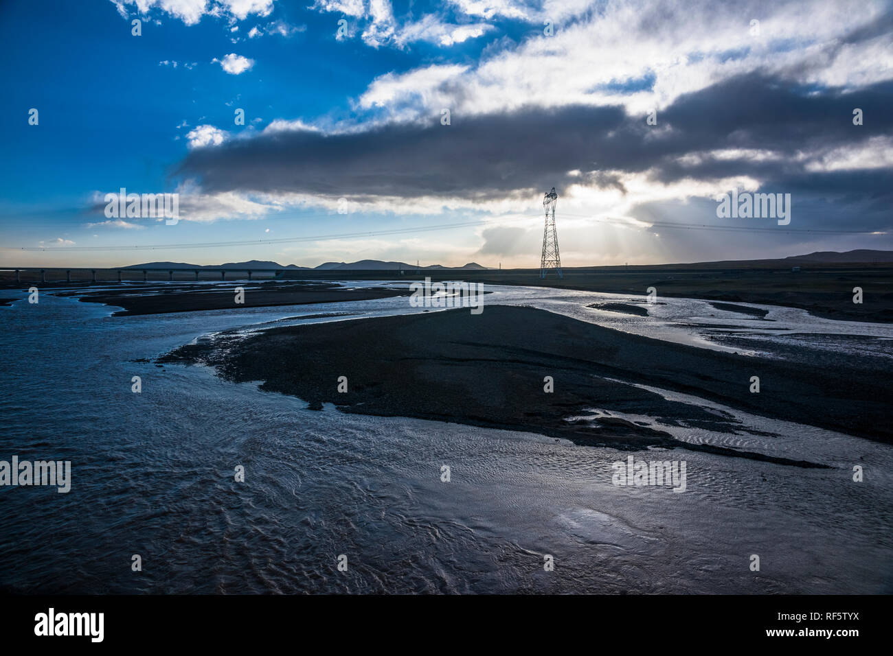 High voltage towers with sky background Stock Photo - Alamy