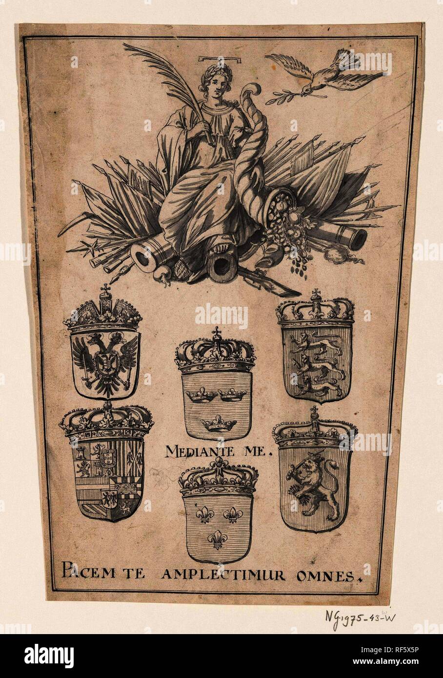 Allegorical emblem at the Peace of Rijswijk, 1697. Draughtsman: anonymous. Dating: 1697. Place: Northern Netherlands. Measurements: h 315 mm × w 219 mm. Museum: Rijksmuseum, Amsterdam. Stock Photo