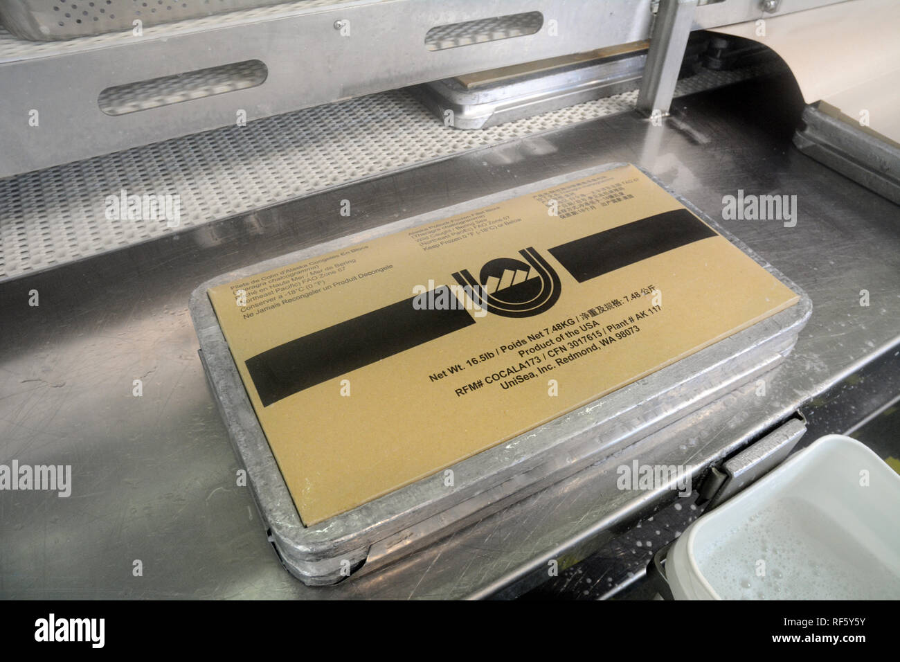 A box of frozen pollock fish fillets, packaged at the UniSea seafood