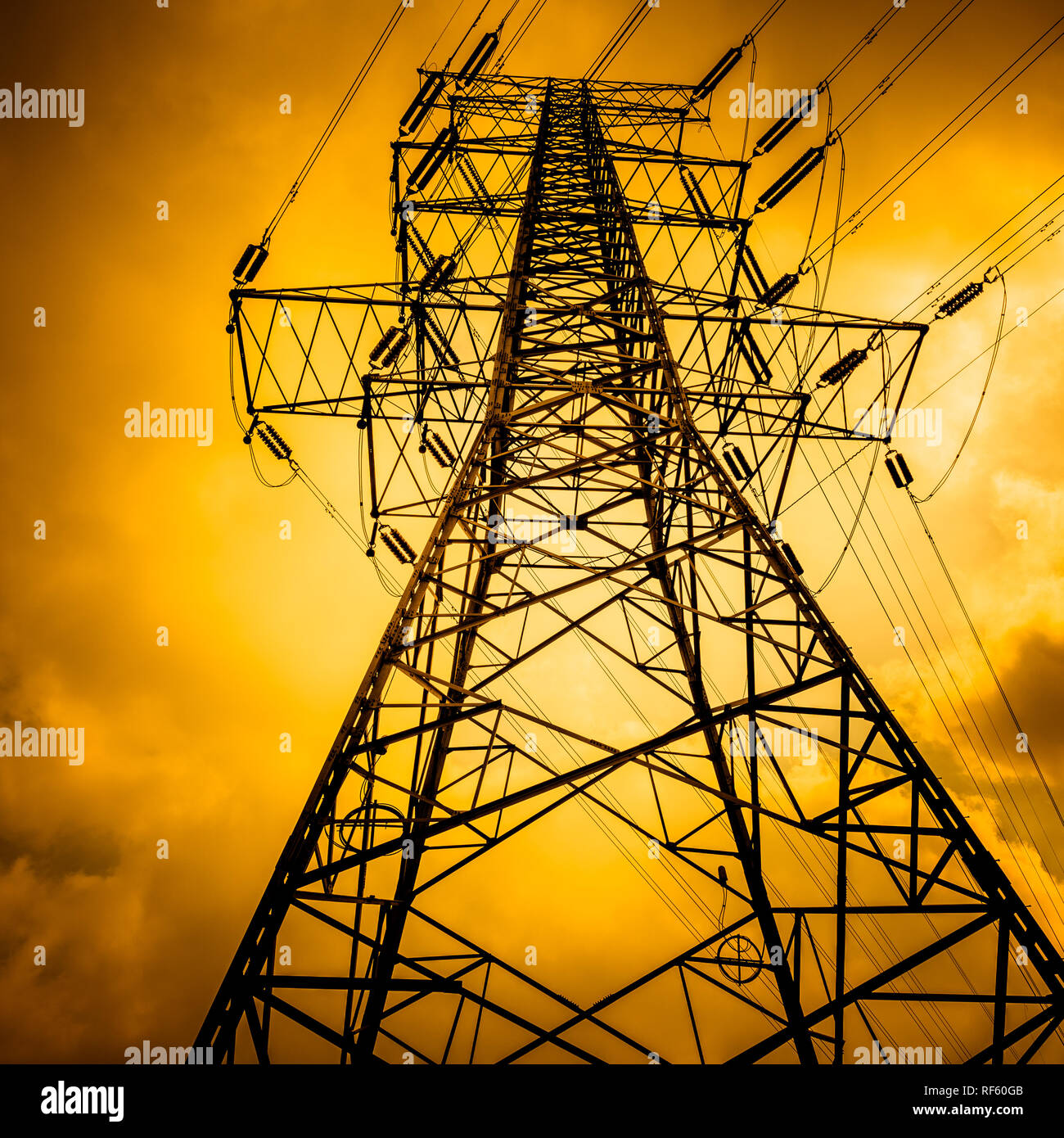 High voltage towers with sky background Stock Photo - Alamy