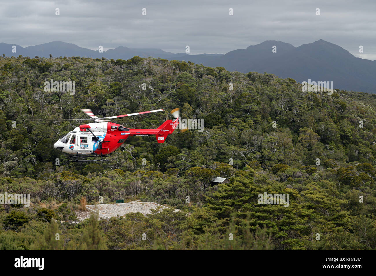 Nelson Marlborough rescue helicopter James Mackay hut, Heaphy track, Nelson, New Zealand Stock Photo