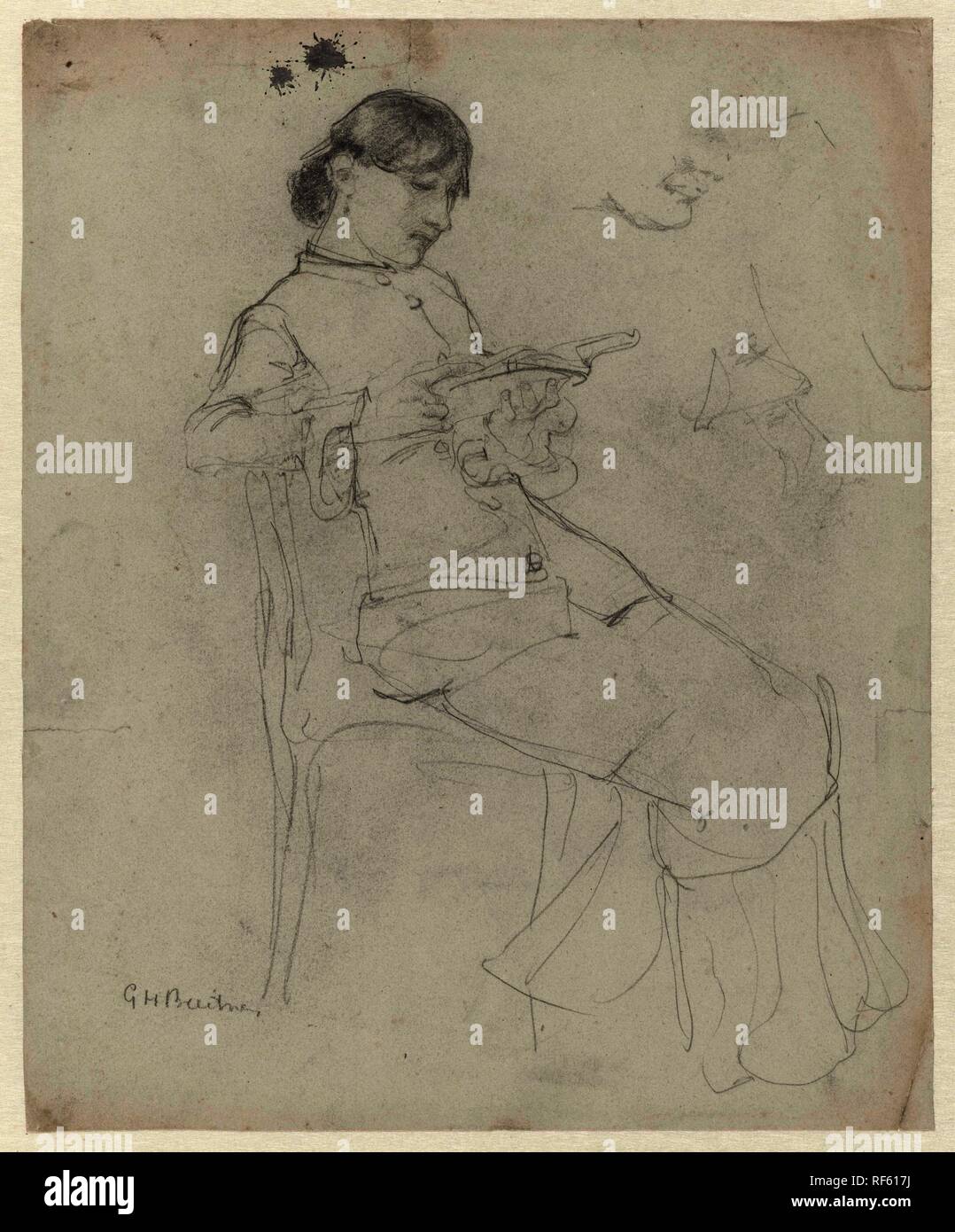 Sitting reading lady. Draughtsman: George Hendrik Breitner. Dating: 1867 - 1923. Measurements: h 333 mm × w 273 mm. Museum: Rijksmuseum, Amsterdam. Stock Photo