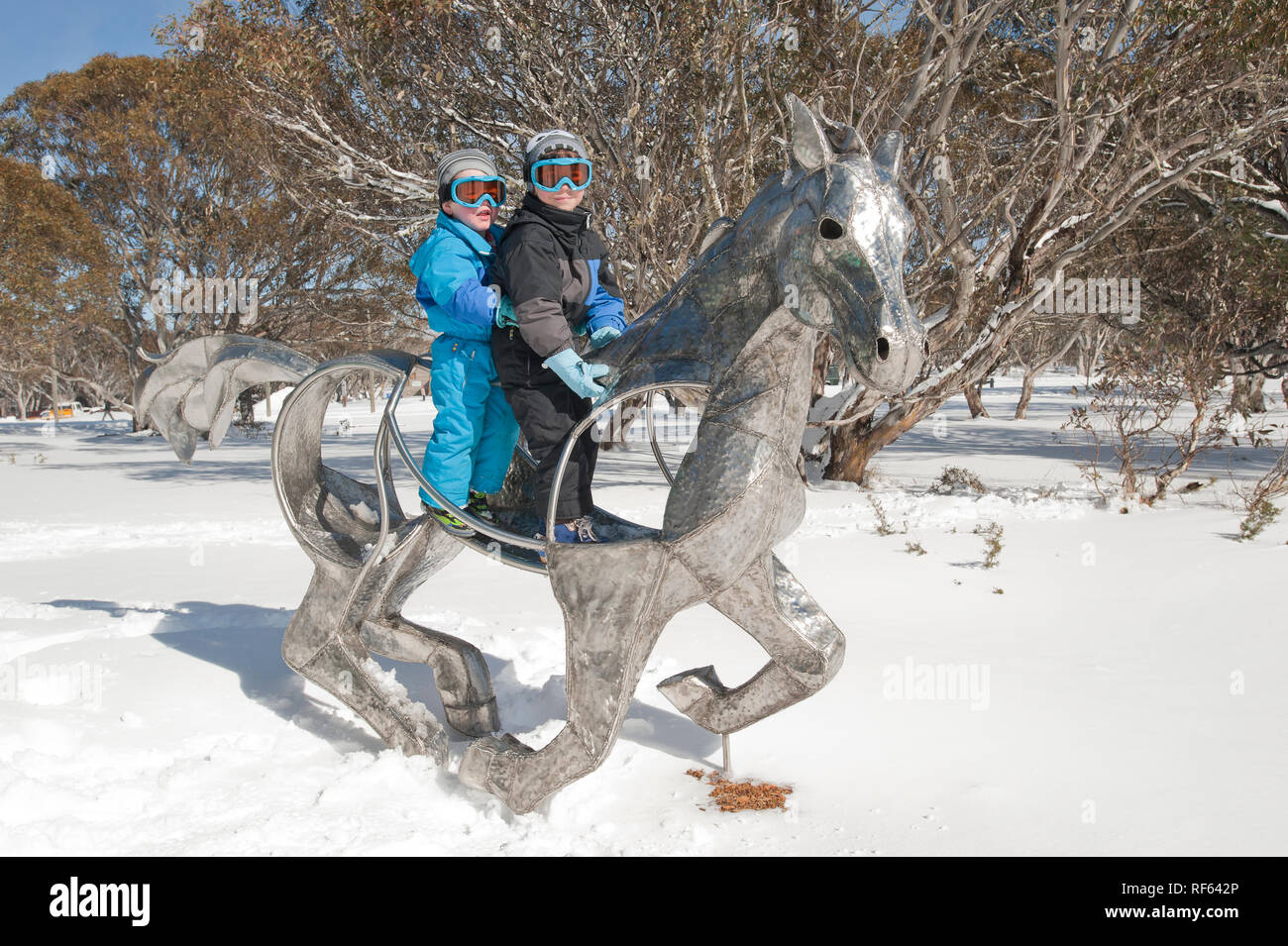 2 young boys on playground equipment in the snow, Dinner Plain on the Great Alpine Road, Victoria, Australia Stock Photo