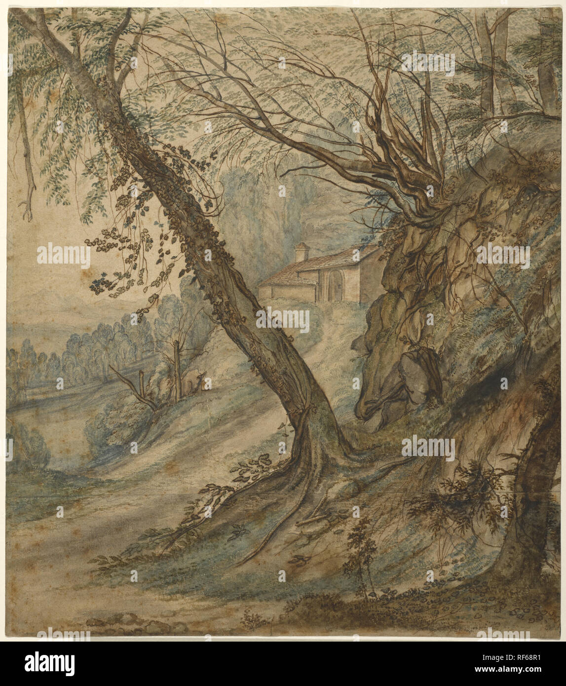 A Wooded Landscape with a Path to a House; Lucas Achtschellinck (Flemish, 1626 - 1699); about 1640 - 1650; Pen and brown and gray ink, and watercolor over black chalk; 36.2 x 31.8 cm (14 1/4 x 12 1/2 in.); 2004.81 Stock Photo