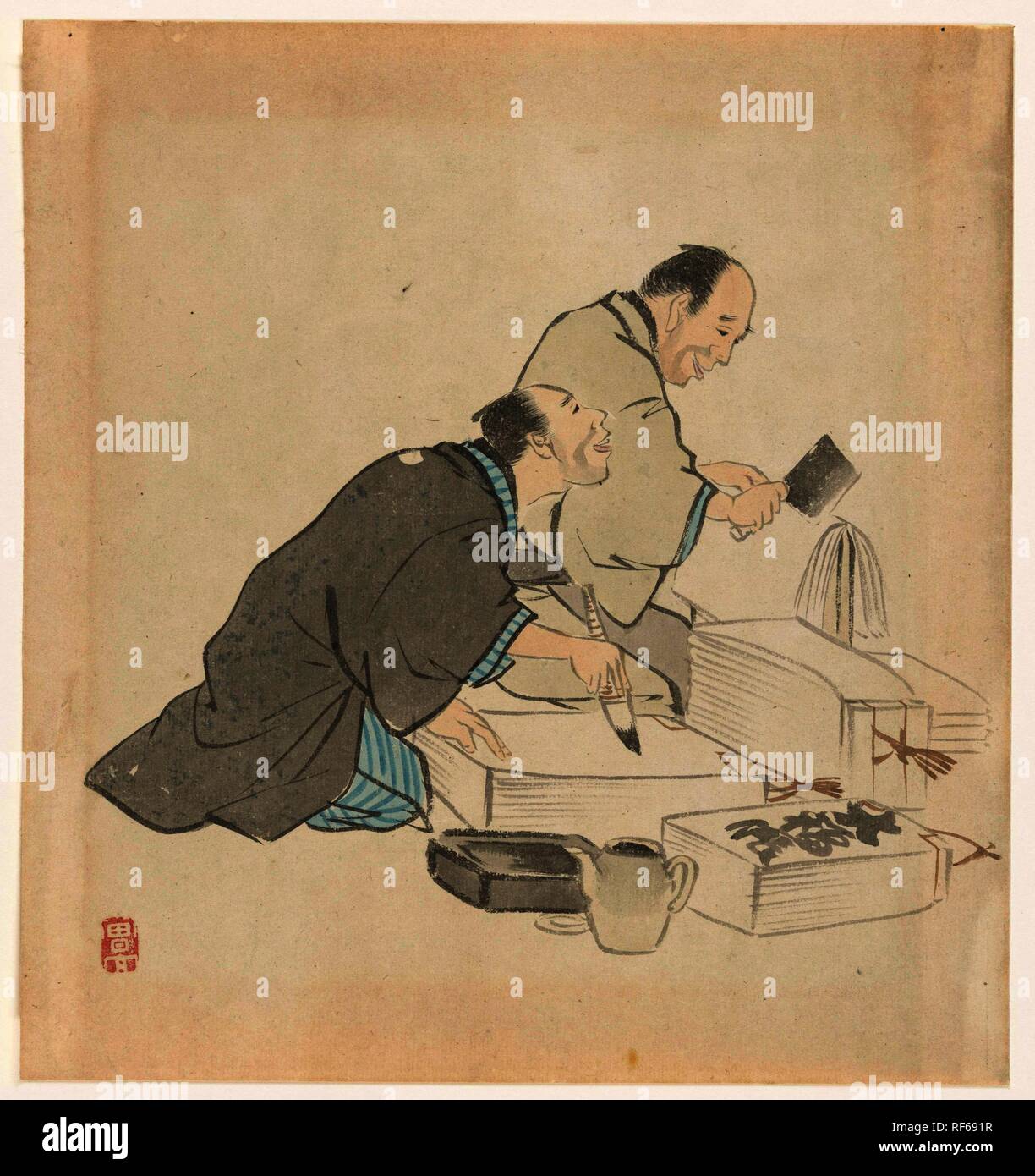 Japanese calligrapher and a Japanese bookbinder. Draughtsman: anonymous. Dating: c. 1900. Measurements: h 235 mm × w 220 mm. Museum: Rijksmuseum, Amsterdam. Stock Photo