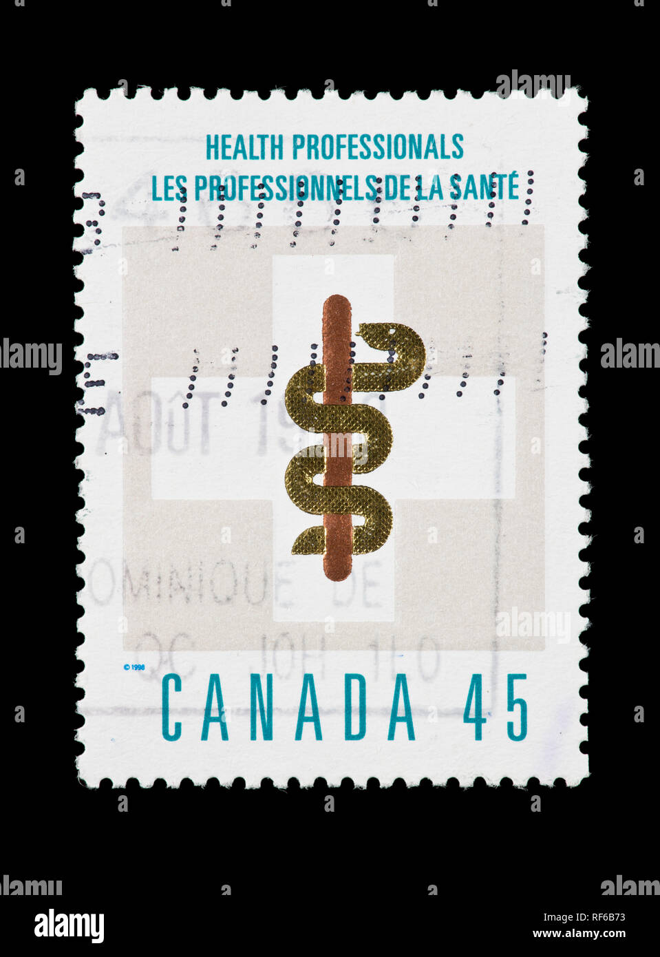 Postage stamp from Canada depicting  Rod of Asclepius, issued to recognize medical professionals Stock Photo