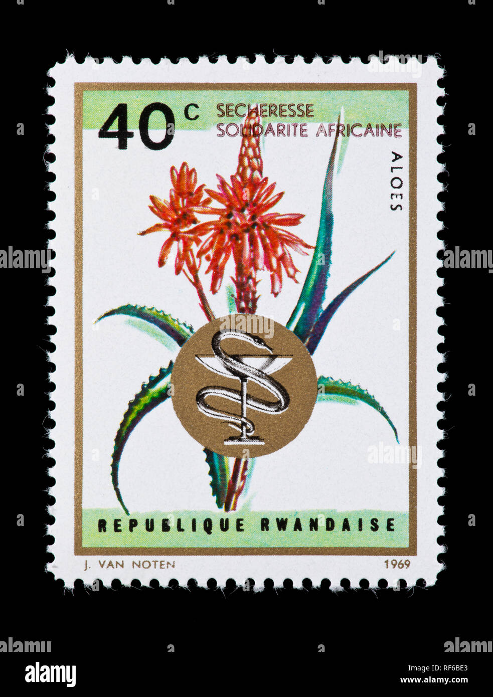 Postage stamp from Rwanda depicting Aloe and health symbol Stock Photo