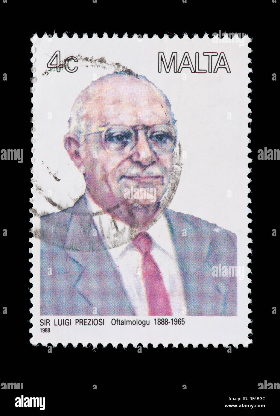 Postage stamp from from Malta depicting Sir Luigi Preziosi  ophthalmologist and glaucoma operation pioneer Stock Photo
