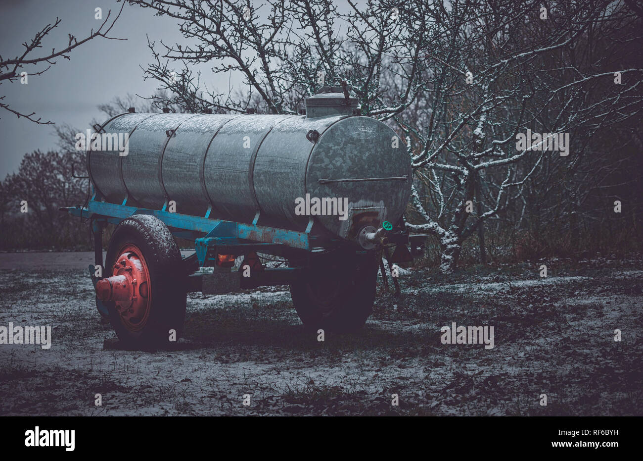 Farm tractor trailer in winter Stock Photo