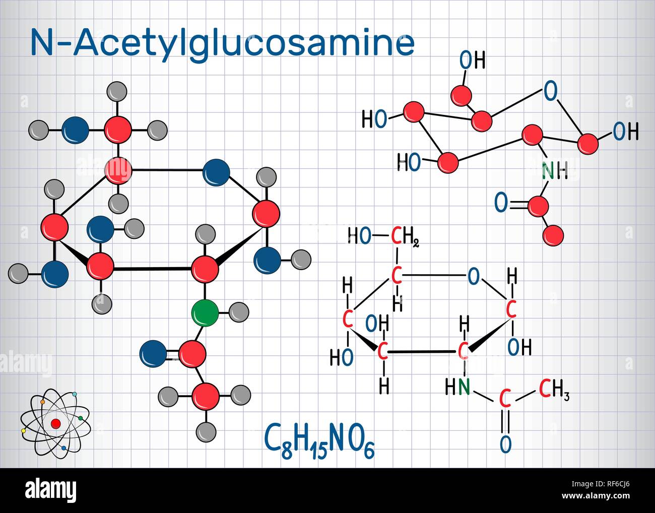 N-Acetylglucosamine (NAG) molecule, is the monomeric unit of the chitin and polymerized with glucuronic acid, it forms hyaluronic acid. Sheet of paper Stock Vector