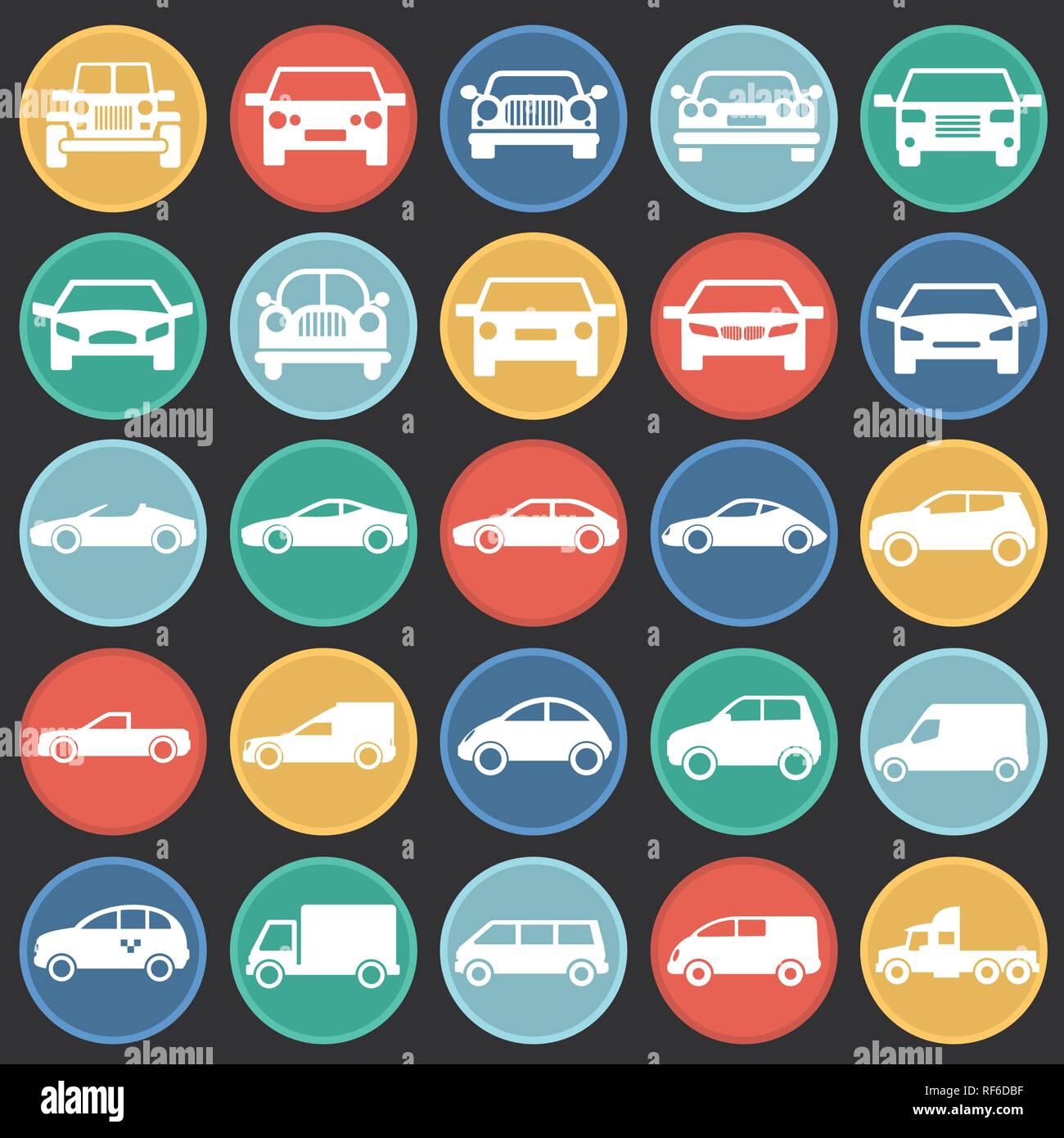 Automobile icons set on color circles black background for graphic and ...