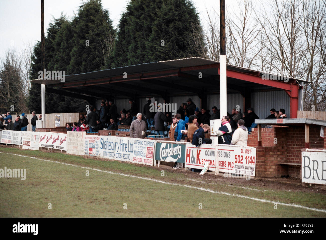 The main stand at Collier Row FC Football Ground, Sungate, Collier Row, Romford, Essex, pictured on 1st February 1997 Stock Photo