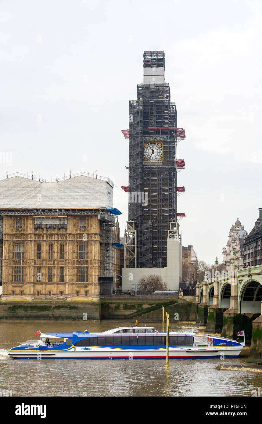 Renovation work being carried out on the Houses of Parliament and Big Ben clock tower Westminster London UK Stock Photo