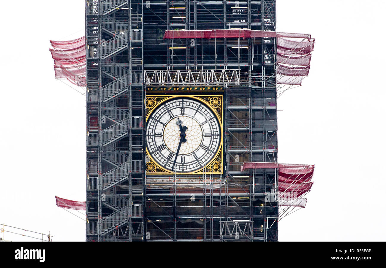 Renovation work being carried out on the Houses of Parliament and Big Ben clock tower Westminster London UK Stock Photo