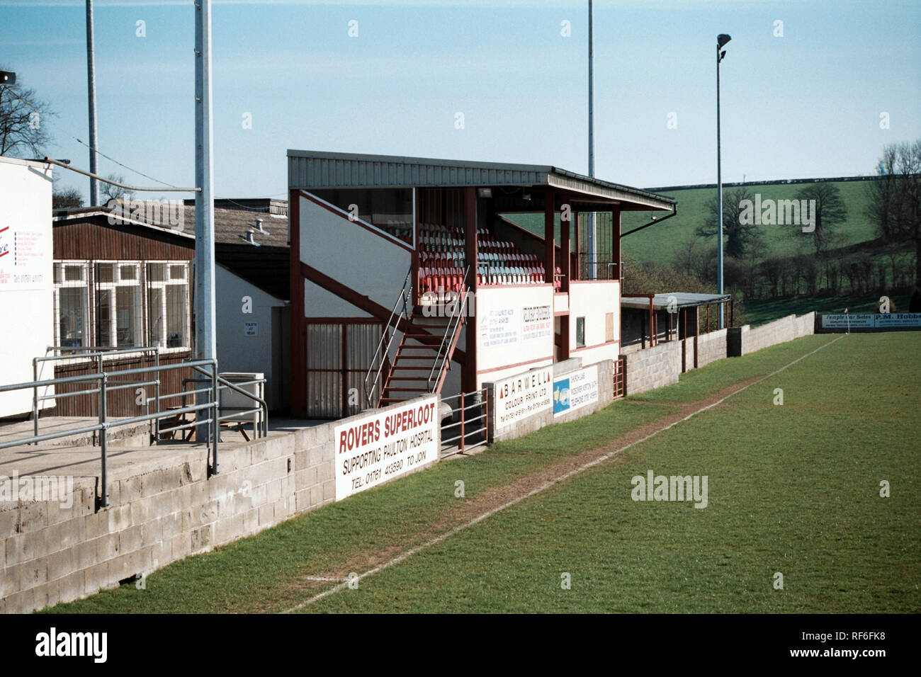 The main stand at Paulton Rovers FC Football Ground, The Athletic