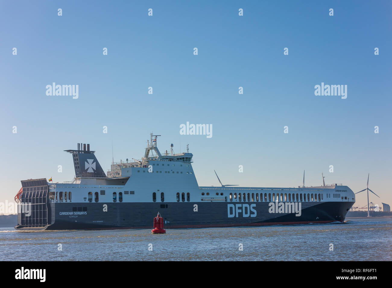 Hoek van Holland, the Netherlands - January 20 2019: car passenger ferry ship DFDS Gardenia seaways sailing out of port Rotterdam past Hoek van Hollan Stock Photo