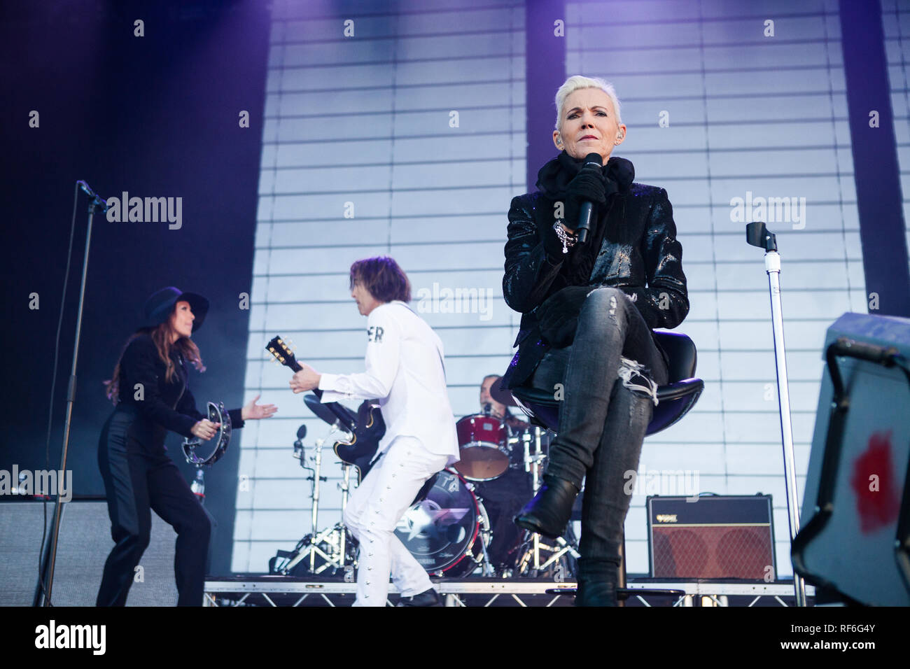 The Swedish pop rock duo Roxette performs a live concert at the Danish music festival Jelling Festival 2015. The duo consists of singer Marie Fredriksson (front) and musician Per Gessle (back). Denmark, 23/05 2015. Stock Photo