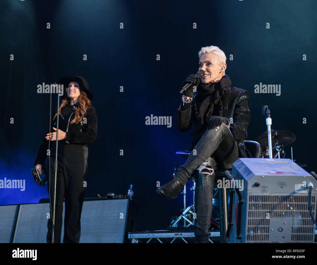 The Swedish pop rock duo Roxette performs a live concert at the Danish music festival Jelling Festival 2015. The duo consists of singer Marie Fredriksson and musician Per Gessle. Denmark, 23/05 2015. EXCLUDING DENMARK. Stock Photo