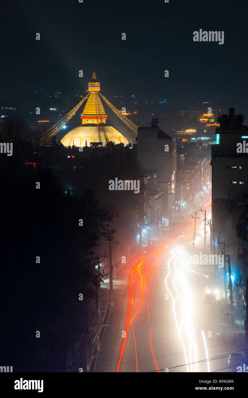 Boudhanath stupa and Boudha Road at night in Nepal. Stock Photo