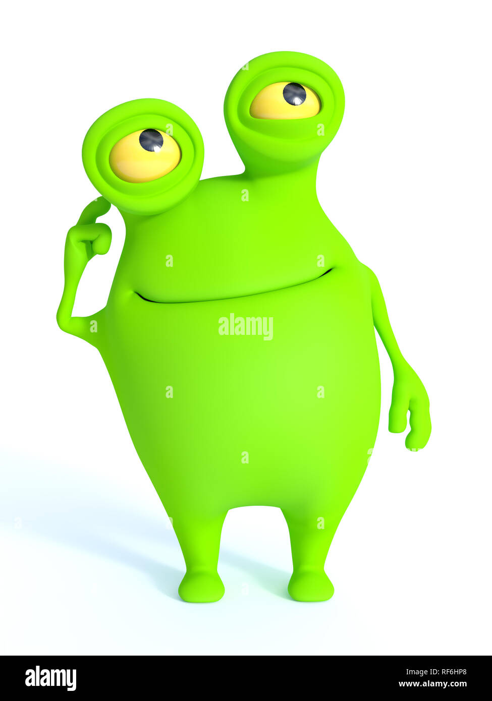 A cute charming green cartoon monster thinking about something. White