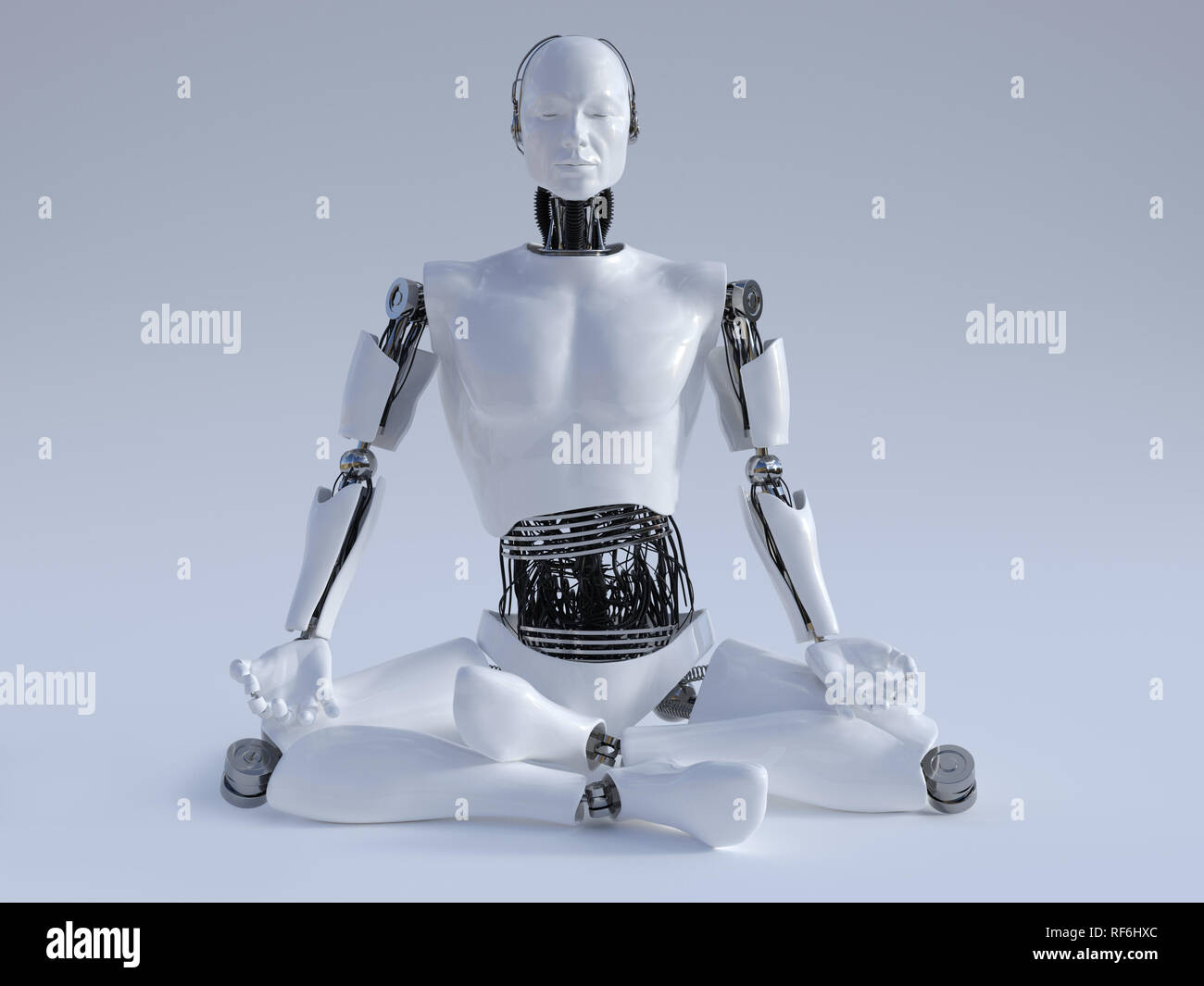 Robot Rested Human A male robot sitting on the floor and meditating, eyes closed, image 1 ...
