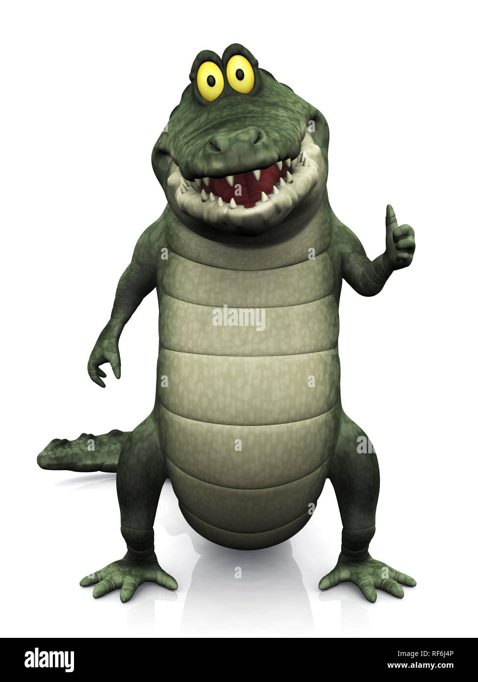 An adorable smiling friendly cartoon crocodile doing a thumbs up with his hand. White background. Stock Photo