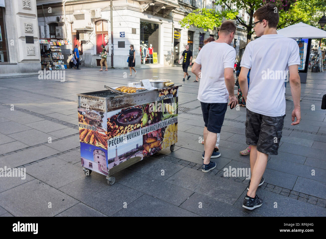 Grilled and boiled corn vendor on Knez Mihailova street in Belgrade, Serbia Stock Photo